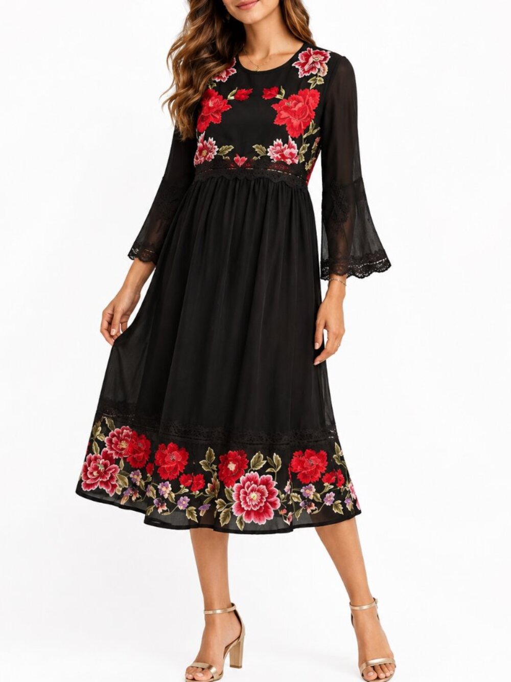 ASOS Black Floral Embroidered Sheer Whimsigoth Midi Dress Wedding Guest Size 2